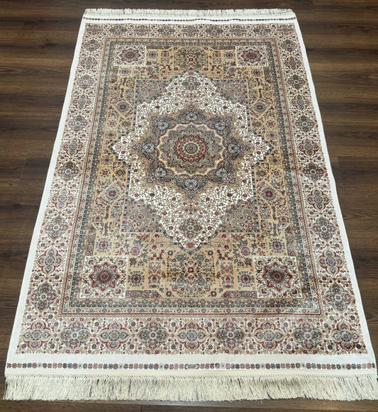 Memluk Silk Rug Turkish Hereke Style 4x6 Bamboo Silk Contemporary Carpet