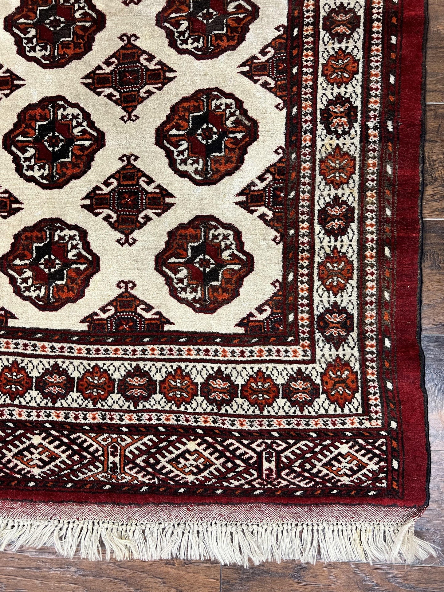 Persian Turkoman Rug Yamud 7x8 Hand Knotted Cream Red Bohemian Tribal Carpet