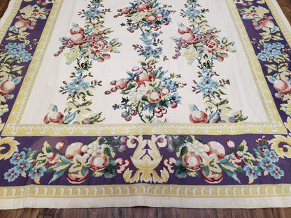 Vintage Chinese Floral Needlepoint Rug Wool Handwoven Flatweave Area Rug 6x9 Ivory Purple Dining Room