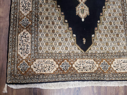 Persian Silk Qum Rug Hand Knotted Silk On Silk Luxury Vintage Area Rug Black Gold Beige 3 Ft 6 In By 5 Ft 5 In