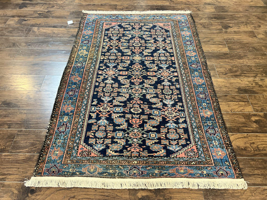 Antique Persian Tribal Rug Hand Knotted Wool 5x7 Navy Blue Pink Hamadan Pattern