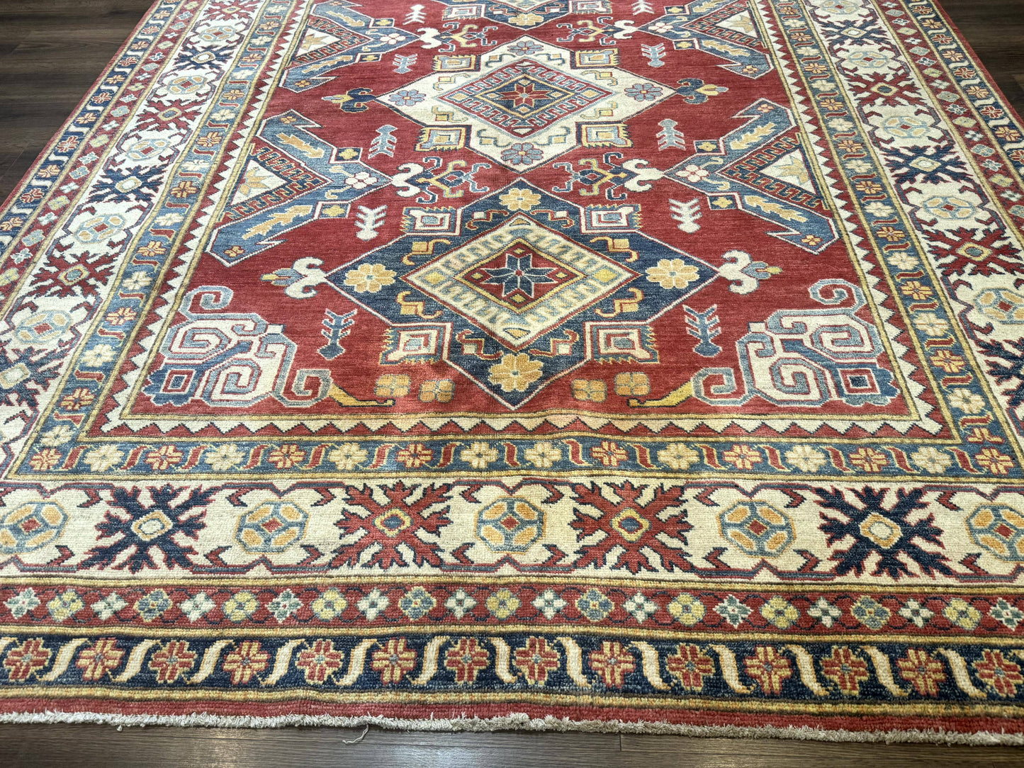 Turkish Kazak Rug 7.6 x 9.5 Hand Knotted Wool Caucasian Geometric Medallions