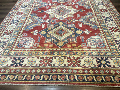 Turkish Kazak Rug 7.6 x 9.5 Hand Knotted Wool Caucasian Geometric Medallions