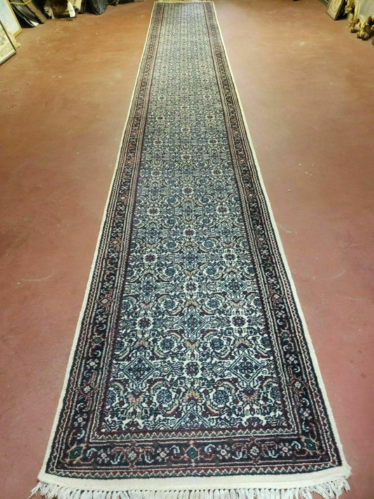 2' 9" X 20' Vintage Oriental India Floral Hand Made Wool Runner Rug Ivory Nice