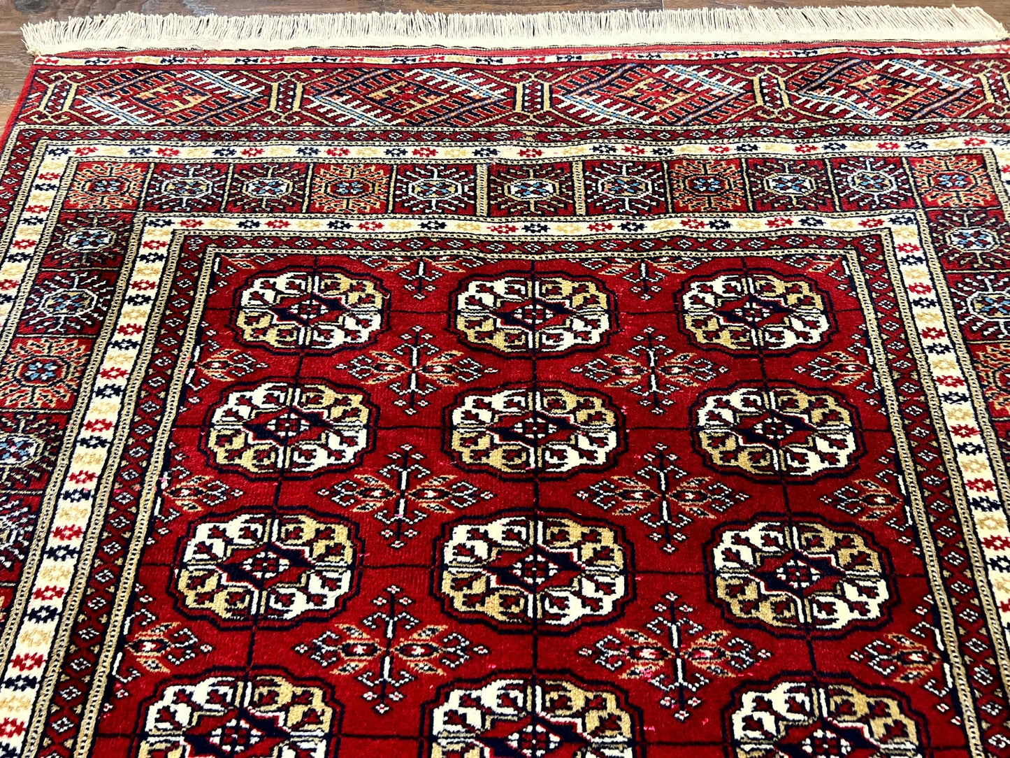 Pakistani Bokhara Rug 4x6, Red Turkoman Carpet, Finely Hand Knotted, Wool Vintage Rug
