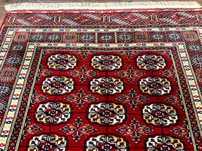 Pakistani Bokhara Rug 4x6, Red Turkoman Carpet, Finely Hand Knotted, Wool Vintage Rug