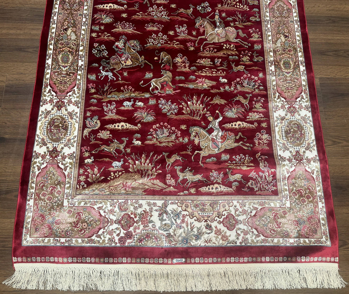 Turkish Silk Hunting Design Rug 4x6 Bamboo Silk Dark Red Ivory