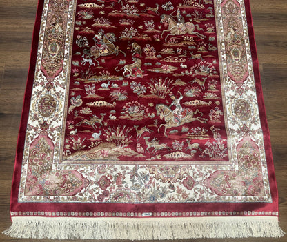 Turkish Silk Hunting Design Rug 4x6 Bamboo Silk Dark Red Ivory