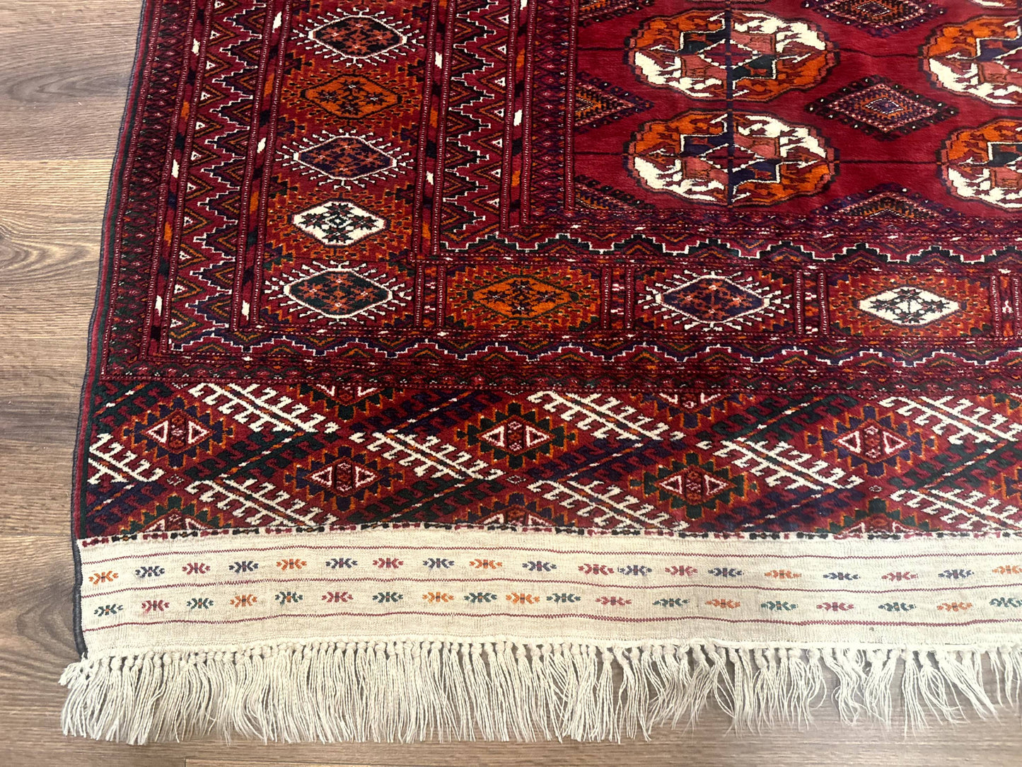 Persian Turkoman Rug 7x9 Antique Red Tribal Carpet With Gul Motif And Geometric Borders