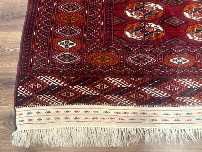 Persian Turkoman Rug 7x9 Antique Red Tribal Carpet With Gul Motif And Geometric Borders