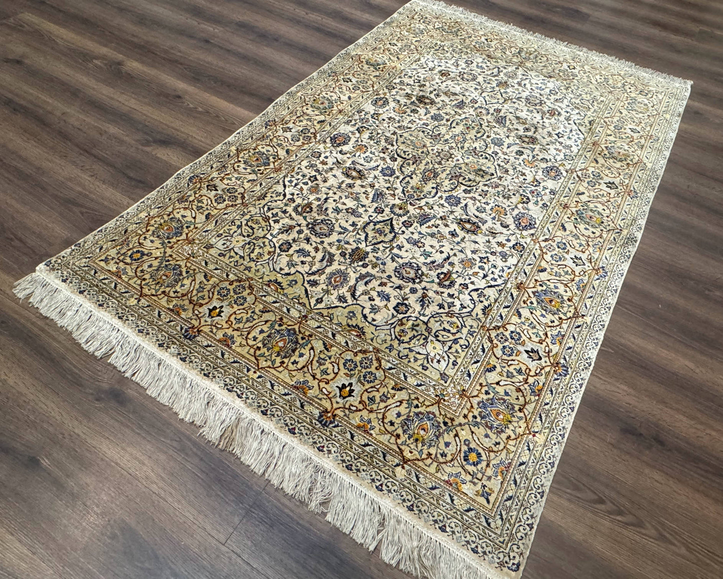 Antique Silk Persian Kashan Rug 4 Ft 6 In By 7 Ft 2 In Ivory Field With Floral Motifs