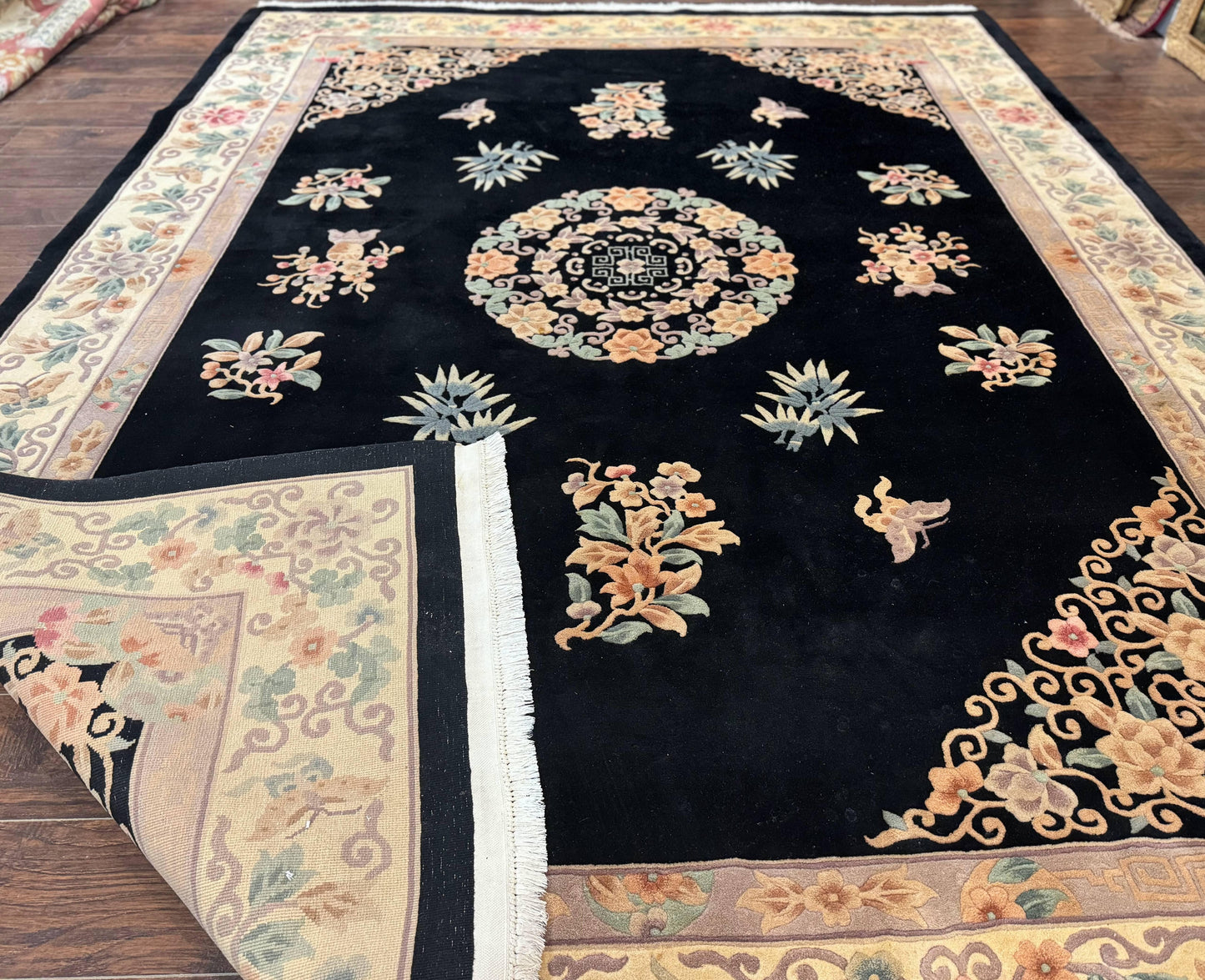 Chinese Wool Rug Hand Knotted Vintage Floral Medallion 9x12 Oriental Carpet