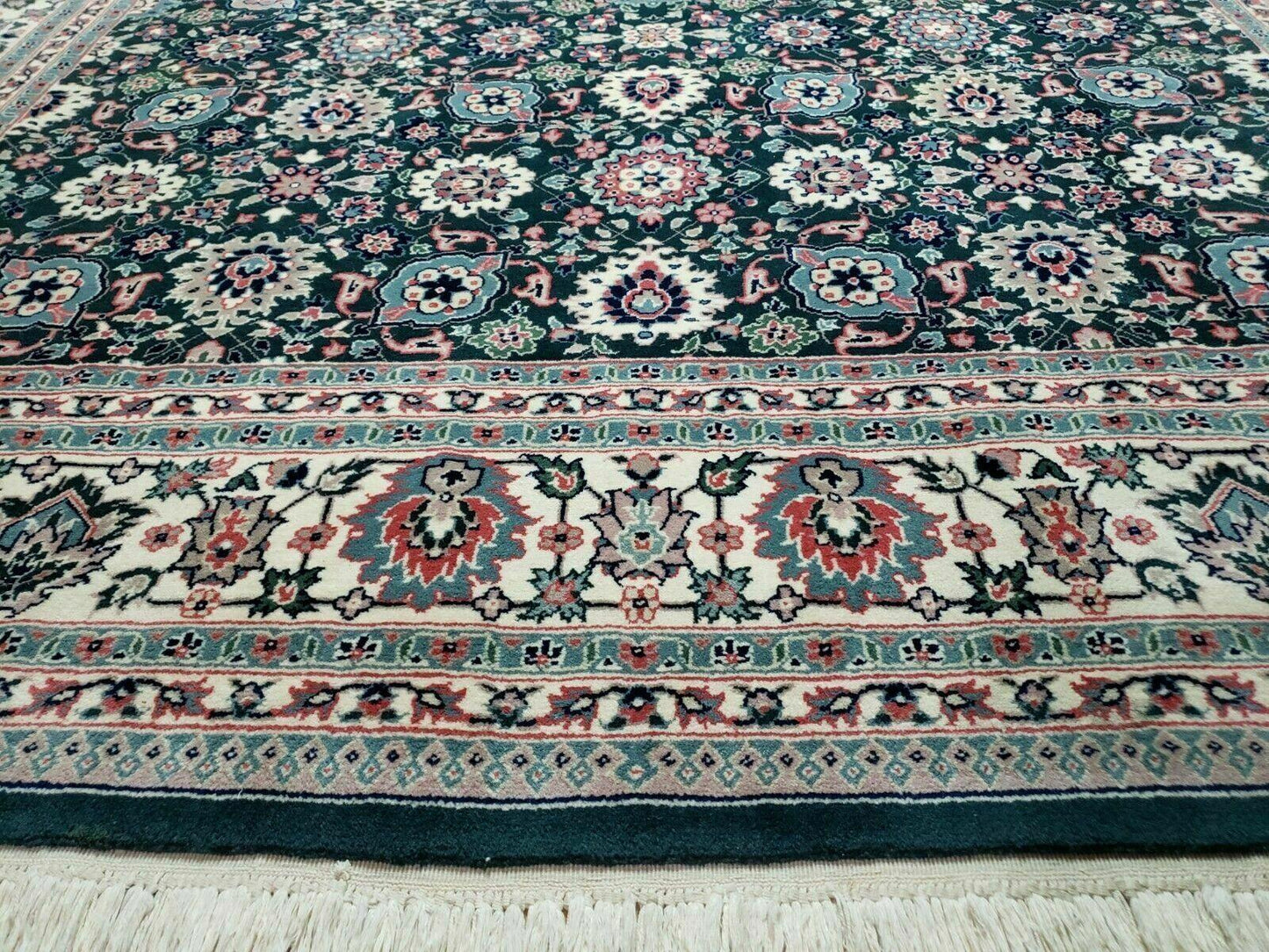 Handmade Indian Wool Rug 8x10 Vintage 1980s Oriental Floral Forest Green Organic Dye