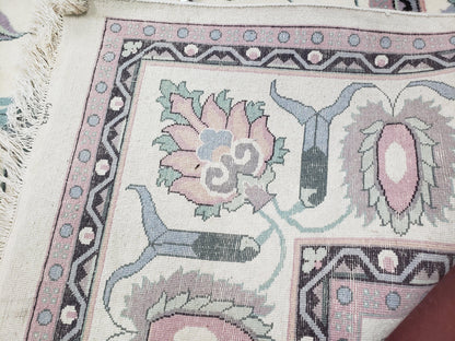 Ivory & Teal Indo Persian Area Rug 9x12, Wool Hand-Knotted Oriental Carpet, 9 x 12 Soft Traditional Living Room Rug, Dining Room Rug