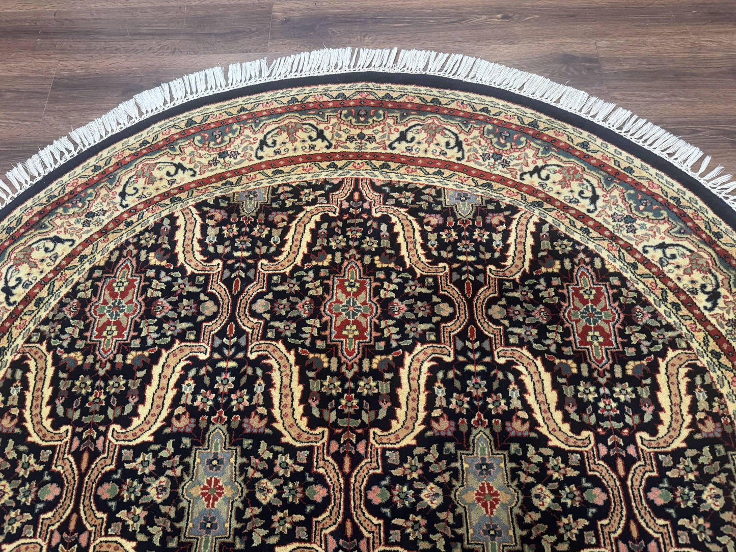 Indo Persian Bidjar Rug Round 6x6 Wool Hand Knotted Navy Blue Beige