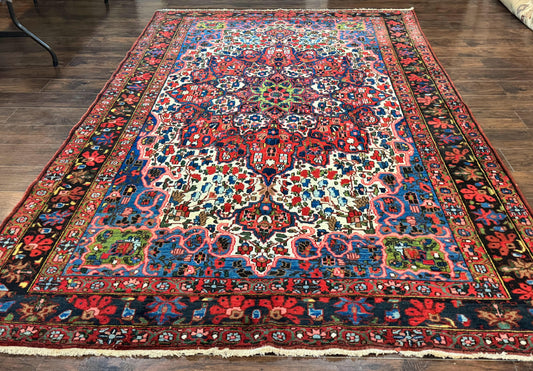 Persian Bakhtiari Rug 7x10, Antique Persian Carpet, Colorful, Great Colors, Ivory Red Blue, Rare Tribal Rug