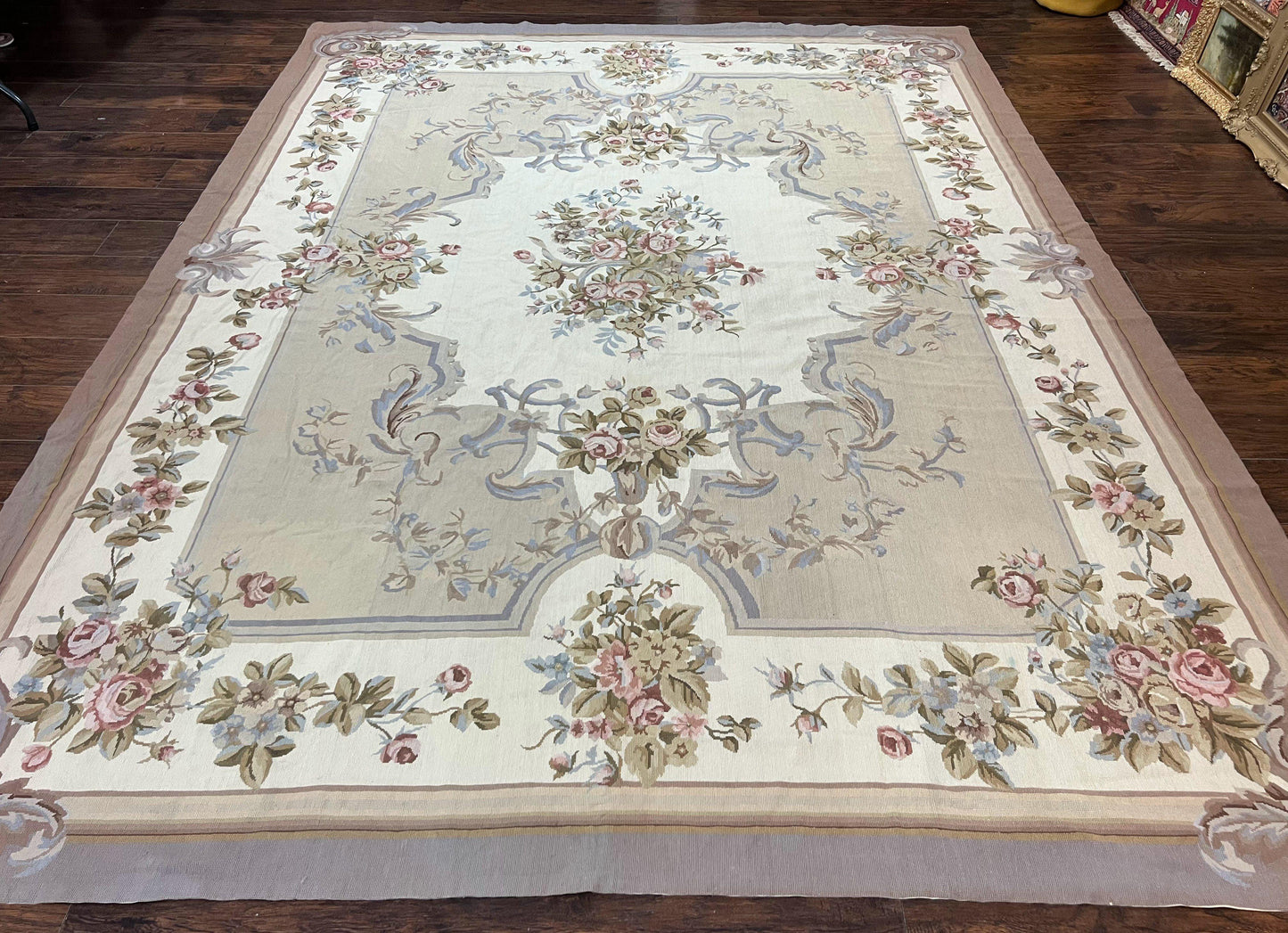 Aubusson Needlepoint Rug 9x12 Vintage Handmade Wool Beige Floral Roses European Elegant