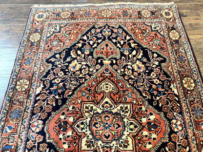 Persian Sarouk Rug 3.6 x 5, Medallion Rug, Red and Midnight Blue, Handmade Semi Antique Vintage Wool Carpet
