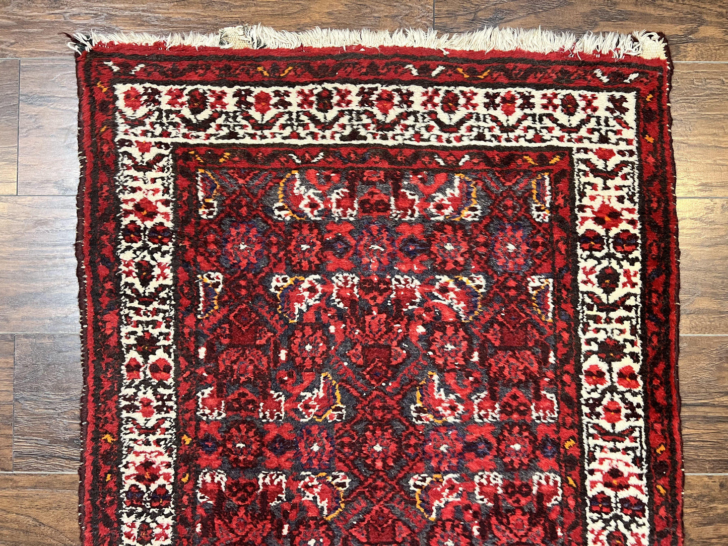 Persian Tribal Runner 3 x 9, Hamadan Dargazin Rug, Dark Blue and Red Wool Hand Knotted Hallway Rug, Vintage Antique Oriental Runner, 9ft Long Runner, Herati