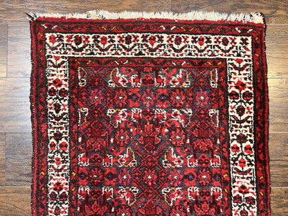 Persian Tribal Runner 3 x 9, Hamadan Dargazin Rug, Dark Blue and Red Wool Hand Knotted Hallway Rug, Vintage Antique Oriental Runner, 9ft Long Runner, Herati