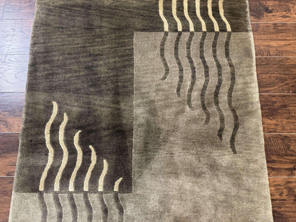 Modern Tibetan Wool Rug 3.6 x 5.6, Shades of Green, Abstract Design