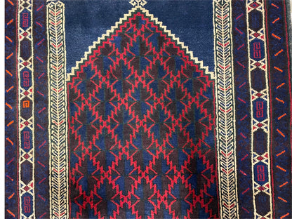 Balouchi Prayer Rug 3x5 Vintage Handmade Tribal Wool Afghan Rug Red Blue