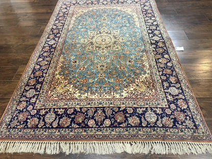 Light Blue Persian Isfahan Rug 5x8, Floral Medallion, Wool on Silk Foundation, Very Fine 530 KPSI, Handmade Carpet