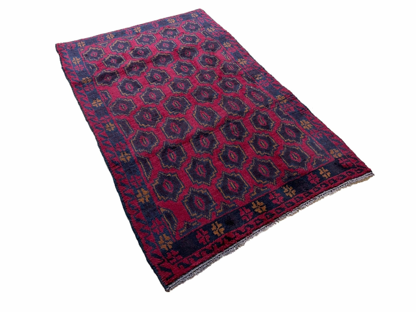 Balouchi Rug Vintage Handmade Tribal Wool Afghan 2ft 10in x 4ft 7in Red Blue