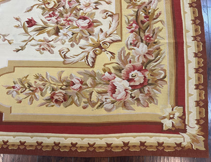 Aubusson Rug 9x12 Handmade Wool Flatweave Savonnerie Carpet Ivory and Red