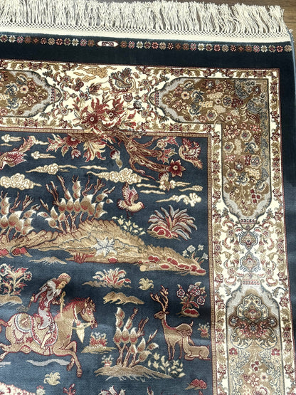 Turkish Silk Hunting Scene Rug 2.6 x 5 Feet Dark Steel Blue And Ivory Bamboo Silk Area Rug