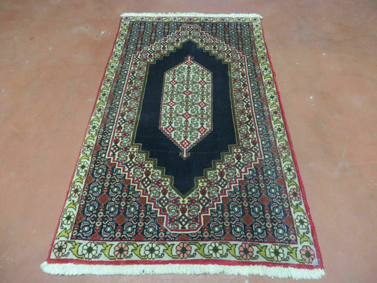 Vintage Floral Oriental Wool Rug Hand Made Carpet 29 By 47 Inches 1970s