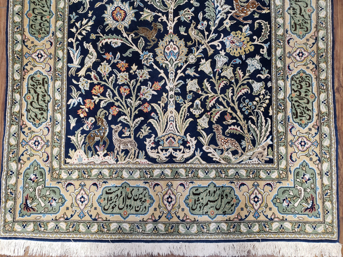 Persian Qum Tree Of Life Rug Hand Knotted Wool Midnight Blue And Tan With Poem Borders 4ft 8in By 7ft 8in