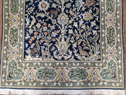 Persian Qum Tree Of Life Rug Hand Knotted Wool Midnight Blue And Tan With Poem Borders 4ft 8in By 7ft 8in