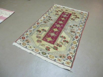 Vintage Turkish Oushak Milas Wool Rug 3x5 Handmade Accent Carpet 1970s