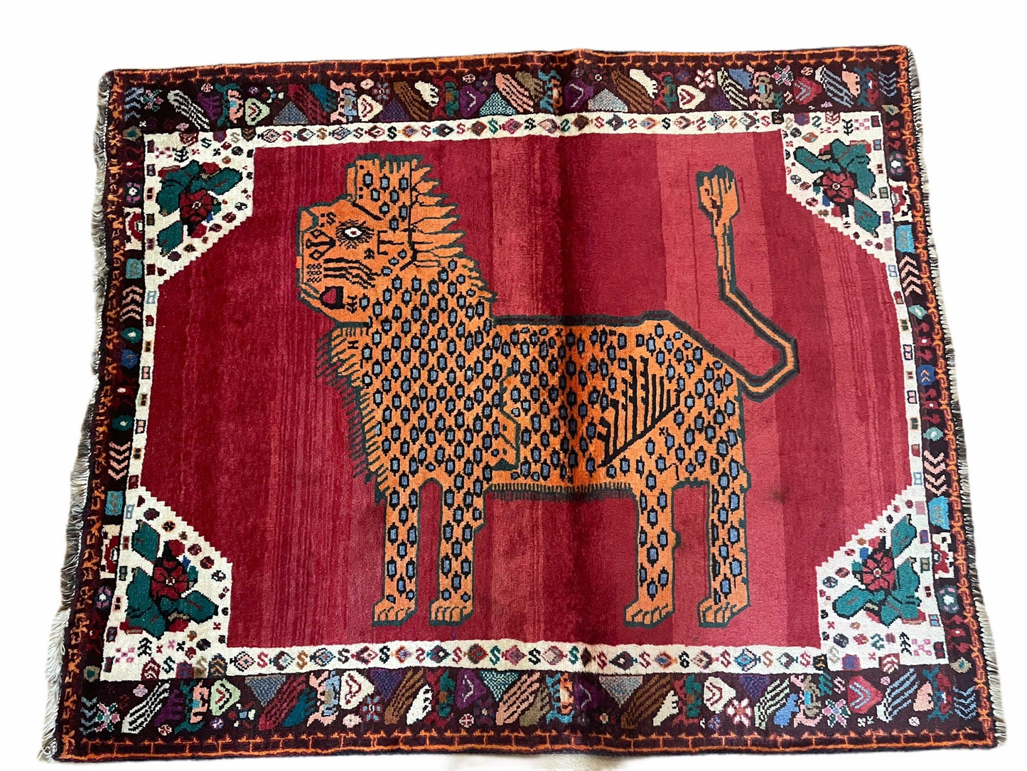 Antique Persian Gabbeh Rug Wool Hand Knotted 4x5 Lion Pictorial Tribal