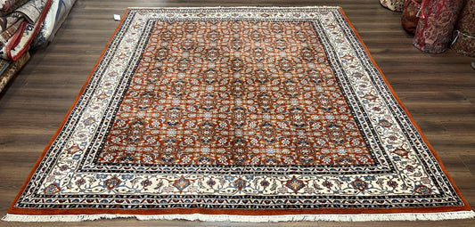 Indo Bidjar Rug 8x10, Indo Persian Bijar Carpet 8 x 10 ft, Herati Allover Floral, Red and Ivory, Wool Hand Knotted Vintage Oriental Rug Nice