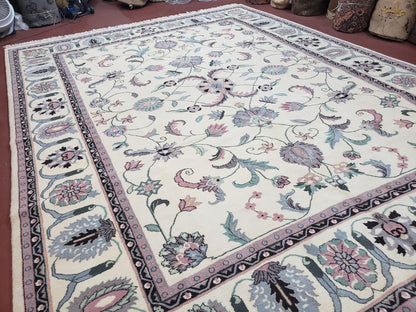 Ivory & Teal Indo Persian Area Rug 9x12, Wool Hand-Knotted Oriental Carpet, 9 x 12 Soft Traditional Living Room Rug, Dining Room Rug