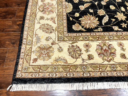 Indo Persian Rug 10x14, Charcoal and Beige, Floral Allover, Handmade Vintage Wool Carpet