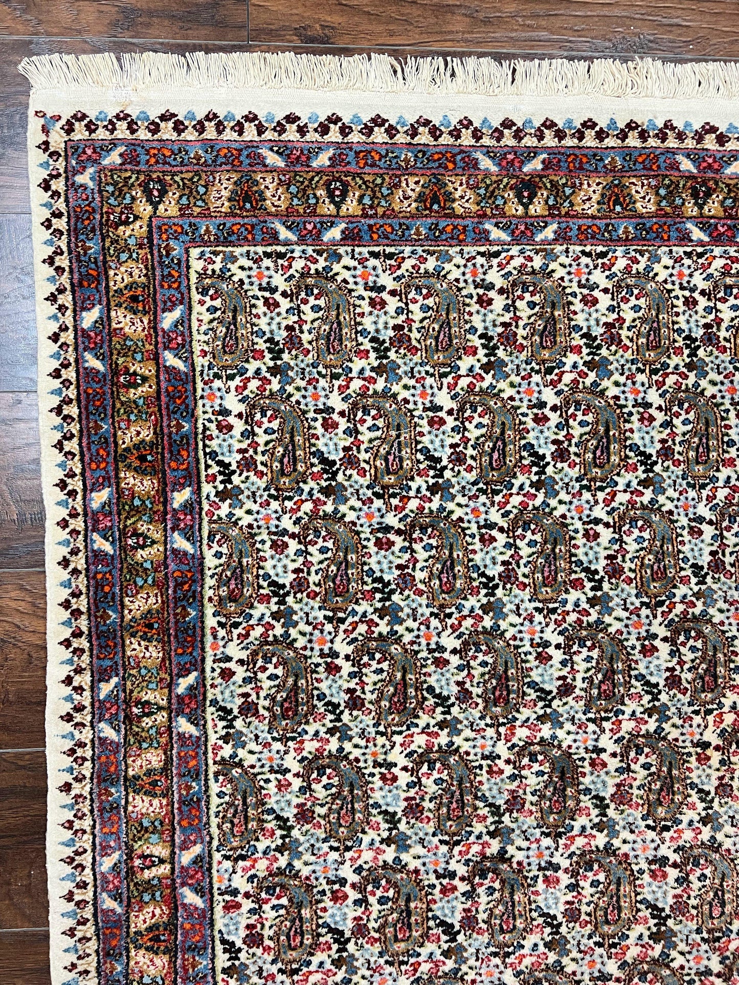 Persian Rug 4x6 Hand Knotted Ivory Mashad Kashmar Boteh Paisley Design