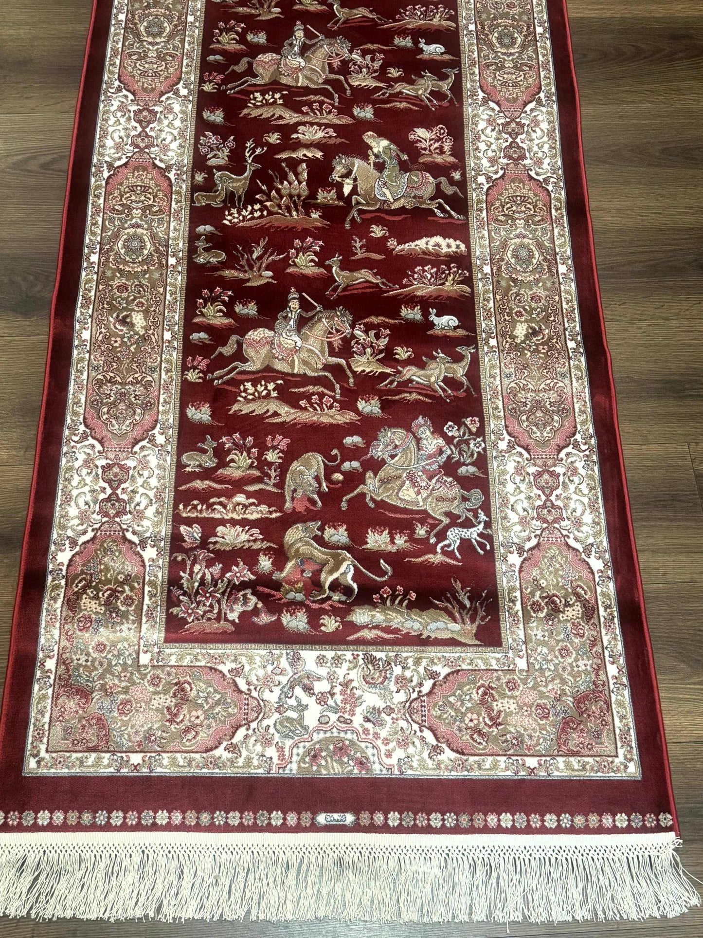 Turkish Silk Rug 2.6 x 6.7, Hunting Design, Short Runner Rug, Red & Ivory, Bamboo Silk, New