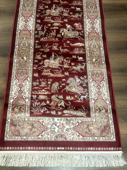 Turkish Silk Rug 2.6 x 6.7, Hunting Design, Short Runner Rug, Red & Ivory, Bamboo Silk, New