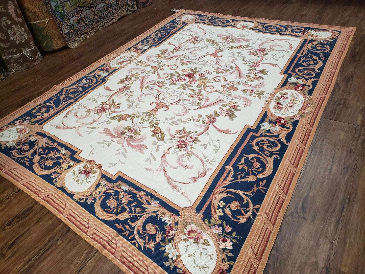 Aubusson Savonnerie Rug Vintage Chinese Handwoven Wool 6x8 Area Rug Flat Weave