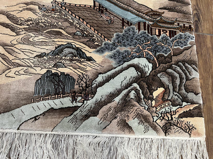 Silk Chinese Wall Hanging Rug 3x6 ft Tapestry, Pagoda Scene, Pictorial, High Quality Fine Hand Knotted Vintage, Asian Oriental Handmade Nice