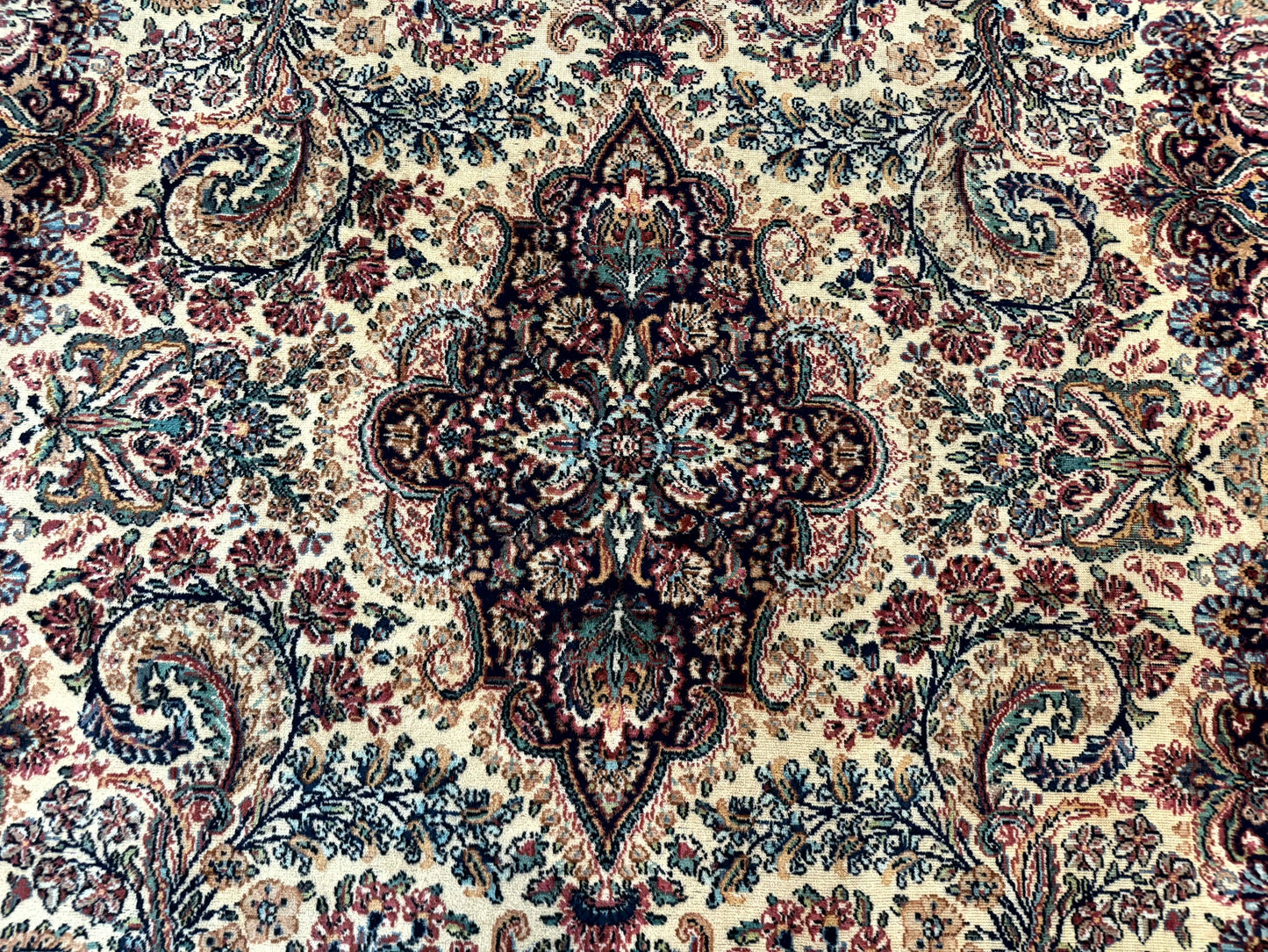 Antique Karastan Kirman Rug Imperial Kirman Ivory Eight Point Eight By Twelve Power Loomed Wool