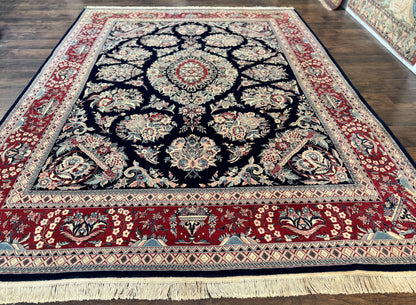 Sino Persian Rug 8x10, Floral Kirman Carpet, Navy Blue and Red, Floral Vases, Handmade Vintage Wool Carpet, 320 KPSI