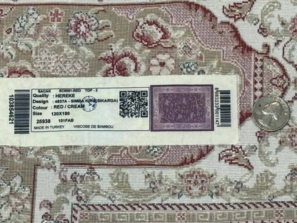 Turkish Silk Hunting Design Rug 4x6 Bamboo Silk Dark Red Ivory