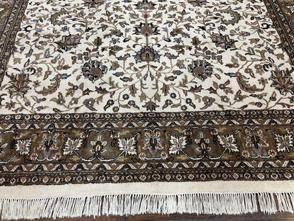 Indo Kirman Rug 8x12 Allover Floral Design, Ivory/Cream Brown, Vintage Handmade Hand Knotted Rug, Traditional Wool Persian Carpet 8 x 12