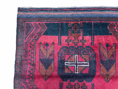 Balouchi Rug Vintage Hand Knotted Afghan Wool Tribal Area Rug Red Black