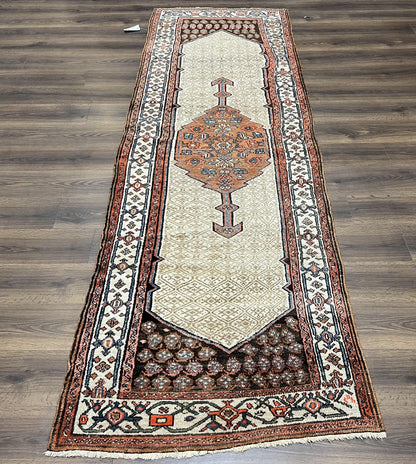 Rare Persian Tribal Runner Rug 3.5 x 10, Sarab Serab Kalegy Carpet, Antique 1920s Collectible Geometric Medallion Oriental Wool Runner, Hand Knotted, Camel Hair Color