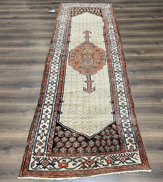 Rare Persian Tribal Runner Rug 3.5 x 10, Sarab Serab Kalegy Carpet, Antique 1920s Collectible Geometric Medallion Oriental Wool Runner, Hand Knotted, Camel Hair Color